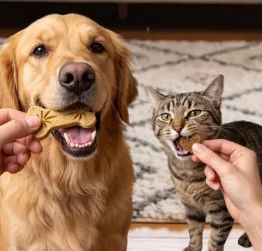 A cat and a dog eating a treat.